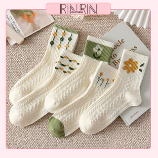 Tất vớ nữ cổ cao in hoa chất cotton thoáng mát phong cách Hàn Quốc RIN RIN