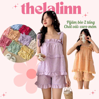 [ ẢNH THẬT ] Set pijama 2 dây cột nơ bèo tầng chất caro thô mềm pastel xinh xắn. Bộ ngủ nũ caro mềm dễ thương mát mẻ