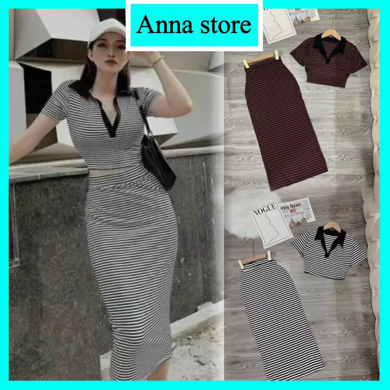 set váy dài ôm áo thun croptop có bâu kẻ sọc ngang M242