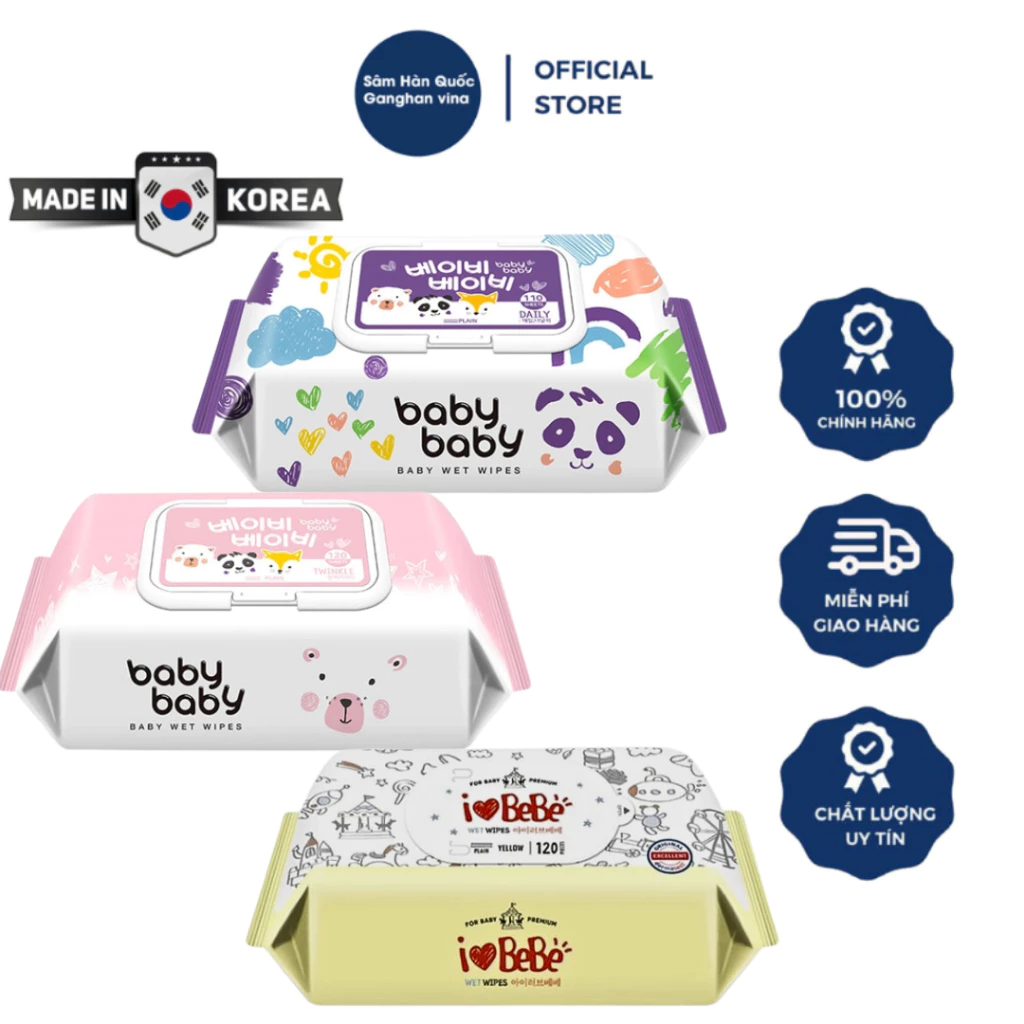 Khăn Giấy Ướt Hàn Quốc BaBy wet Wipes, I love bebe 120 tờ