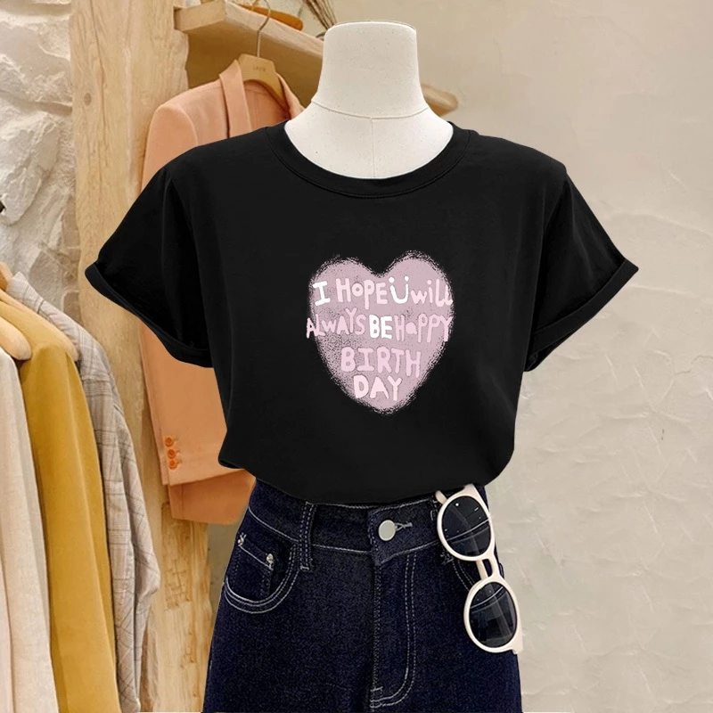 Áo Thun Nữ Dáng Vừa – Chất Cotton Mềm – Thoáng Mát, Dễ Phối Đồ, In Hình TIM HỒNG, Màu ĐEN