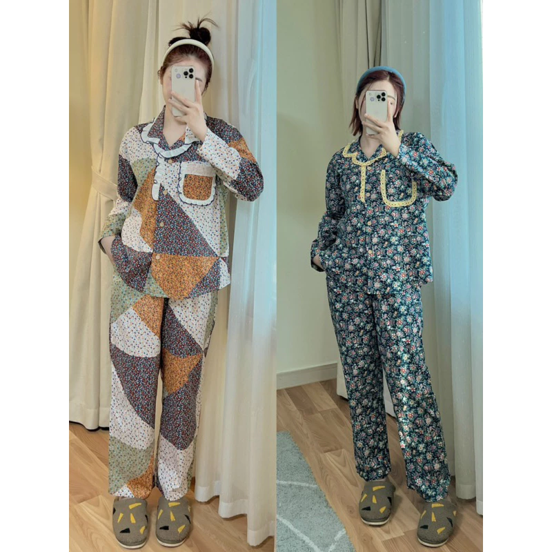 Bộ Pijama Nữ thu đông cotton sợi thêu xuất Hàn