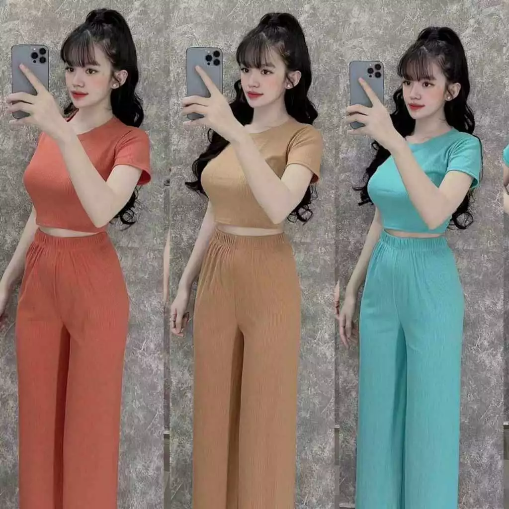 Đồ bộ nữ quần ống rộng lưng cao có túi kèm áo croptop ôm ngắn tay vải thun cotton gân dày, quần áo nữ, đồ mặc ở nhà(Màu)