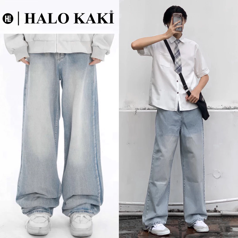 XANH TRẮNG MÂY - JEANS WASH (XANH TRẮNG MÂY) TRƠN ỐNG RỘNG PHONG CÁCH Y2k PHỦ GÓT HALO KAKI