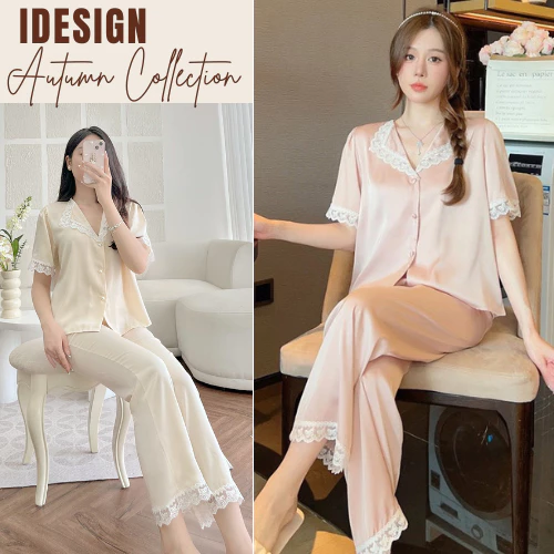 Đồ bộ nữ Pijama mặc nhà, bộ ngủ phối ren dễ thương áo cộc quần dài lụa ngọc trai mềm mịn, sang chảnh BN31