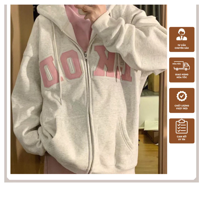 Áo hoodie LOOK phối thêu da. Hoodie zip nỉ bông form rộng