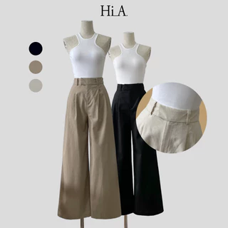 Quần dài nữ ống suông rộng cạp cao thời trang công sở Hàn Quốc túi trước vải linen Hi A