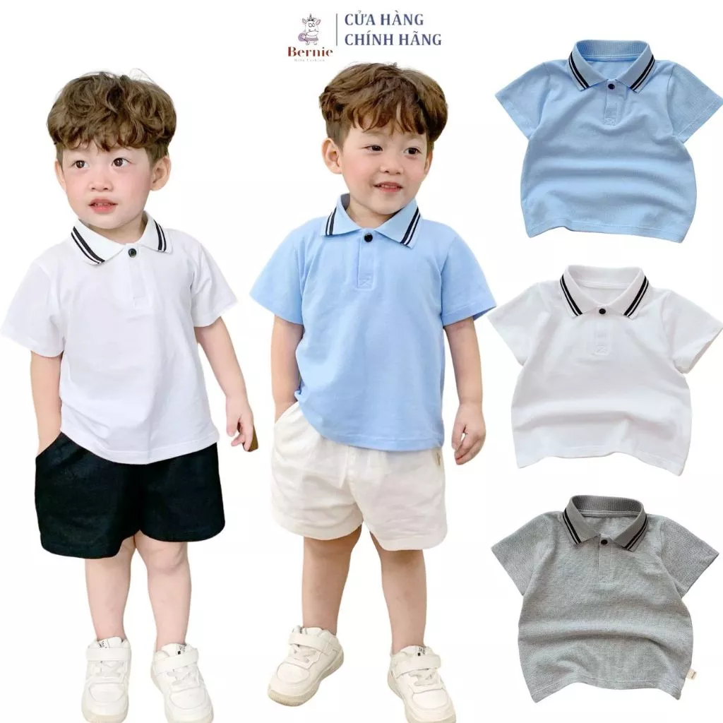 Áo thun polo cho bé trai bé gái unisex trơn cổ viền màu trắng ghi xanh dương 1 đến 7 tuổi BERNIE kid