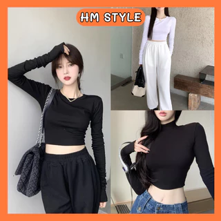 Áo Croptop tay dài cổ tròn ôm body, Áo thun nữ trơn áo kiểu nữ crt dài tay trẻ trung SA274 HMStyle