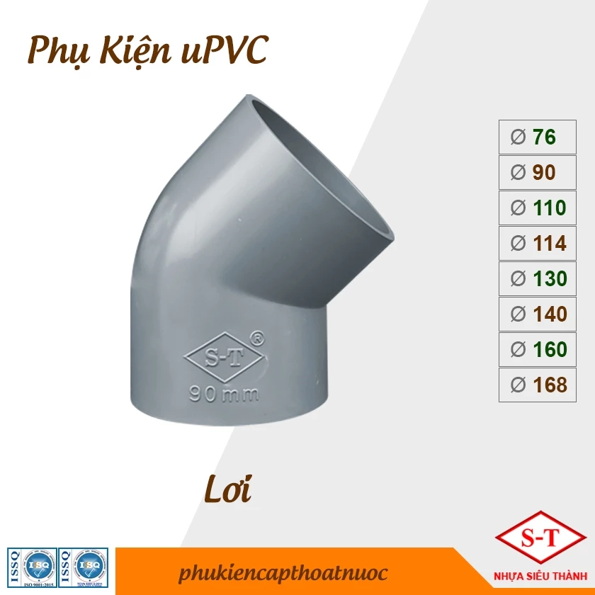 Co Lơi, Chếch PVC phi 76, 90, 110, 114, 130, 140, 160, 168 phụ kiện nhựa ST [BỊCH]