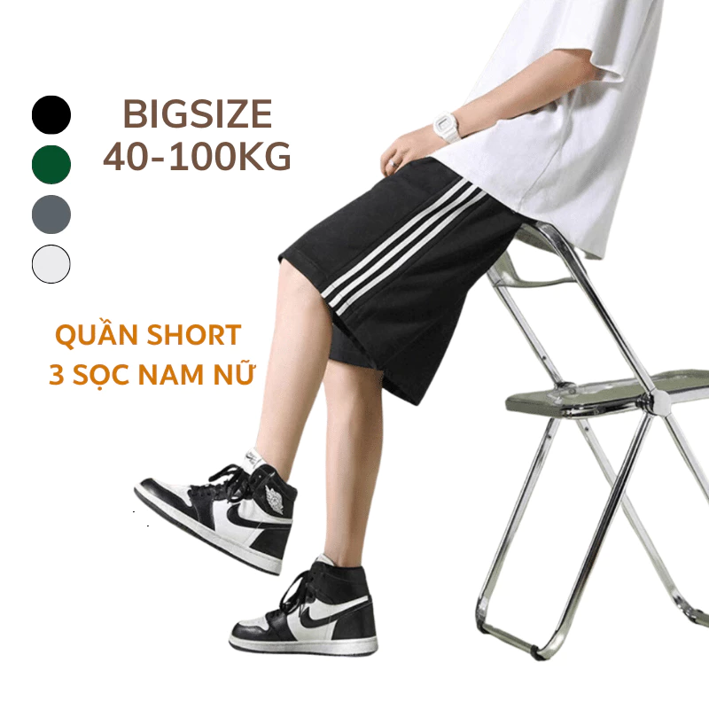 40-105KG Quần Short 3 Sọc Nam Nữ Bigsize phong cách thể thao