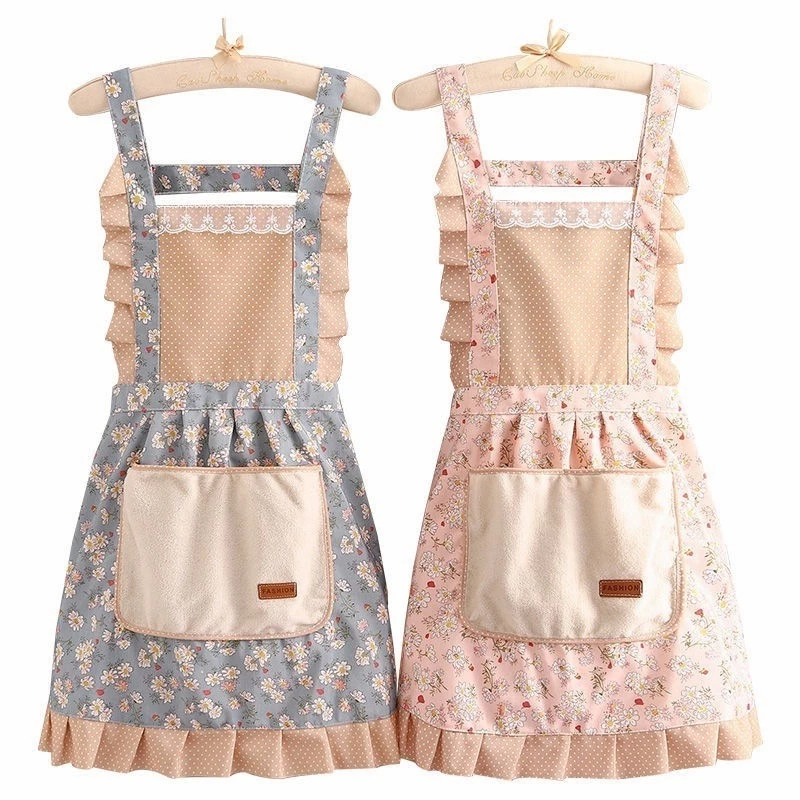 [HCM Giá Rẻ] Tạp Dề Hoa Nhí Phối Ren Vintage Cổ Điển Châu Âu Tạp Dề Nấu Ăn Làm Bánh Bằng Vải Canvas