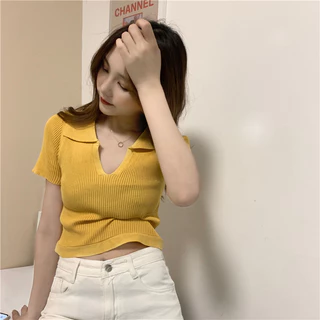 Áo len cổ bẻ HUNALY polo croptop dệt kim len tăm ngắn tay dáng ôm phong cách trẻ trung dễ phối đồ dây buộc  MN0923-057