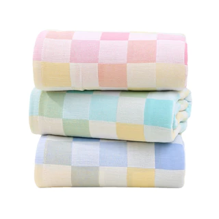 KHĂN TẮM cho bé vải cotton 2 lớp SỌC CARO, thoáng khí mềm mại thấm hút nhanh, size 70*140cm