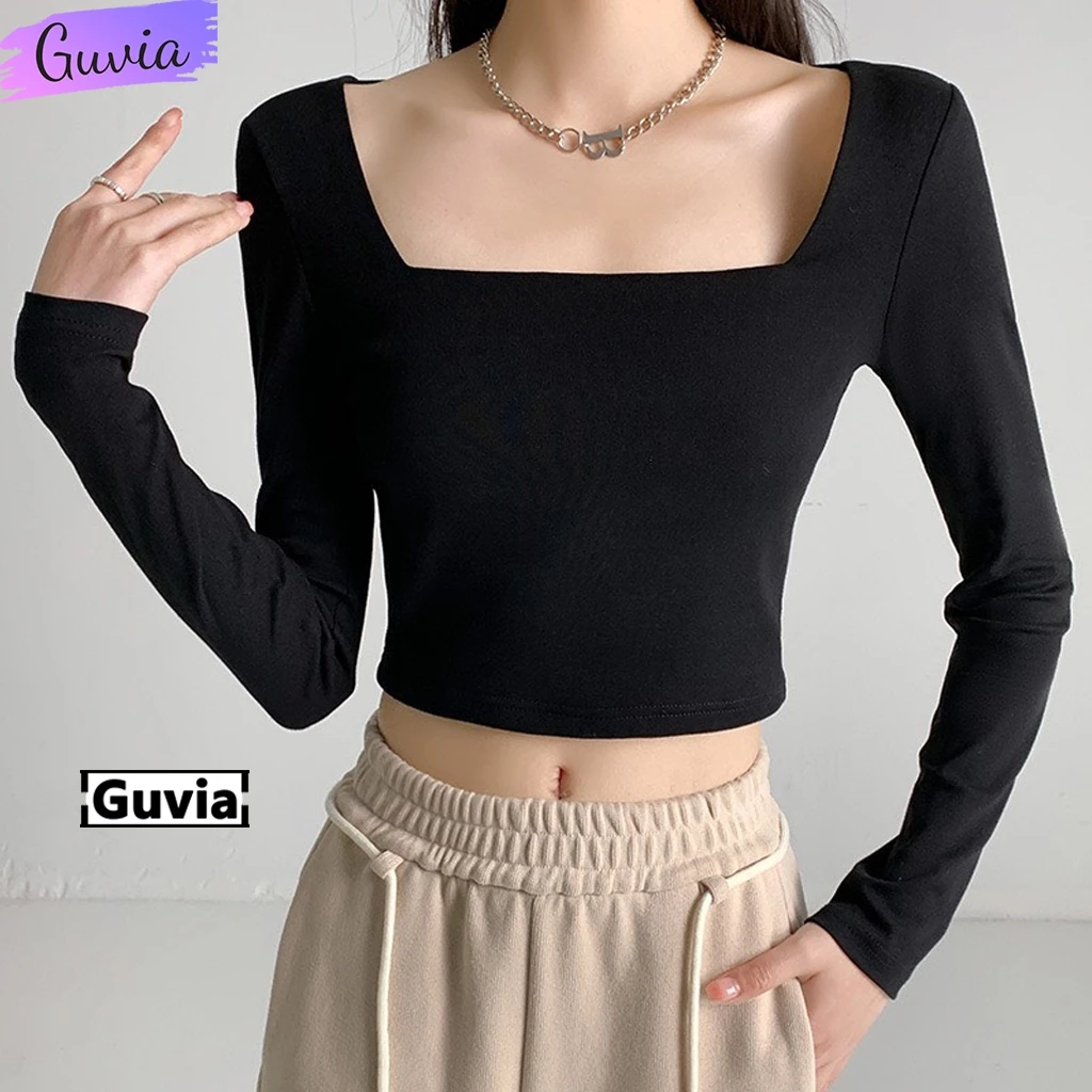 Áo Croptop Nữ Cổ Vuông Tay Dài Ôm Body Co Giãn Tốt, Áo Croptop Tay Dài Cổ Vuông Thun Borip GUVIA CR24