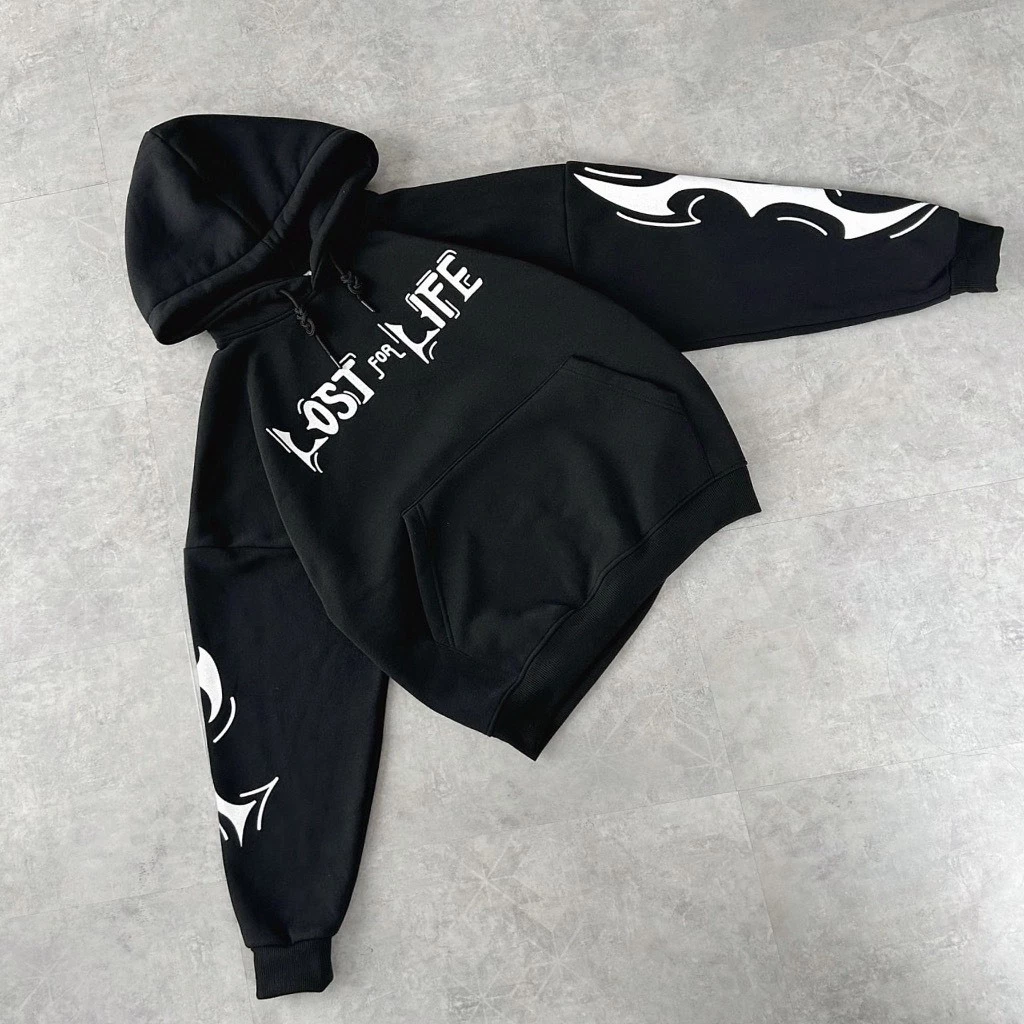 Áo hoodie form boxy dáng ngắn in chữ LOST LIFE màu đen và xanh rêu vải nỉ lót bông form rộng nam nữ