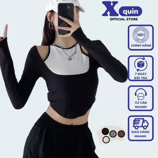 Áo thun nữ tay dài dáng croptop vạt bầu phối màu cực độc đáo Xquin, Áo kiểu nữ tay dài khoét vai cực gợi cảm