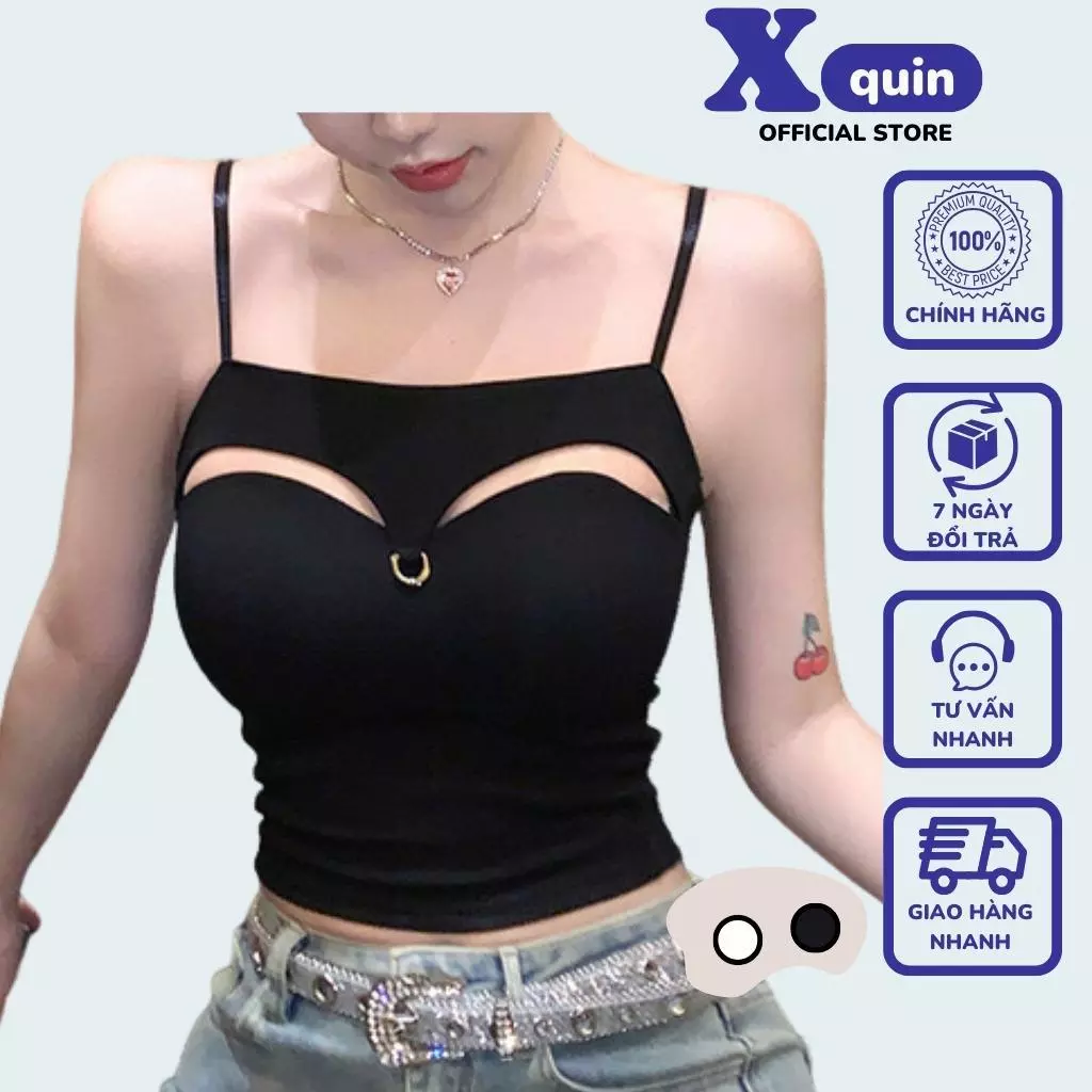 Áo 2 dây dáng croptop có mút khoét viền trên ngực đính khoen nhỏ cực sexy chất thun borip dày đẹp