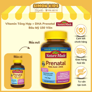 [Date 2026] Vitamin Tổng Hợp + DHA Prenatal Bầu Mỹ Nature Made Prenatal Folic Acid + DHA 150 Viên - Mẫu mới