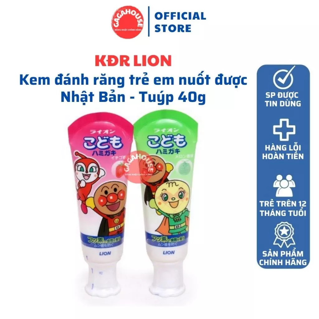 Kem đánh răng trẻ em nuốt được Lion Nhật Bản - Tuýp 40g