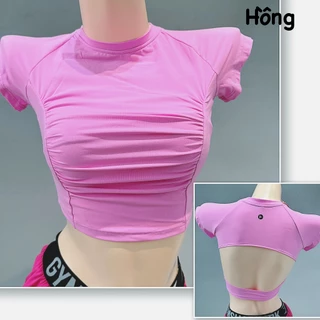 Croptop Tập Gym Nữ Tay Ngắn Nhún, Lưng Cut Out Xinh Xắn