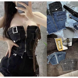 áo ống jean thời trang phối nịt ngực sexy , áo cup ngực đan dây dáng ngắn crotop ảnh thật trãi sàn alohashop91