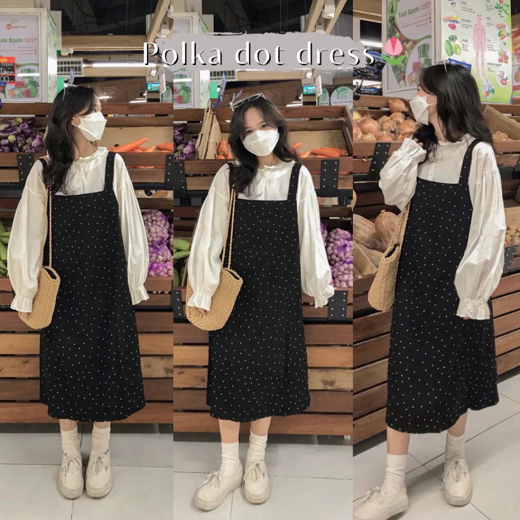 Váy Yếm Dài TULIDU Đầm Yếm Hai Dây Chấm Bi Phong Cách Hàn Quốc Ulzzang Co Giãn 4 Chiều Y201