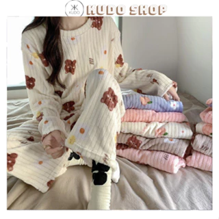 Bộ đồ ngủ nữ dài tay nhiều màu vải lông cừu san hô,Bộ pijama nữ ấm áp mùa đông phong cách ulzzang dễ thương KUDOSHOP