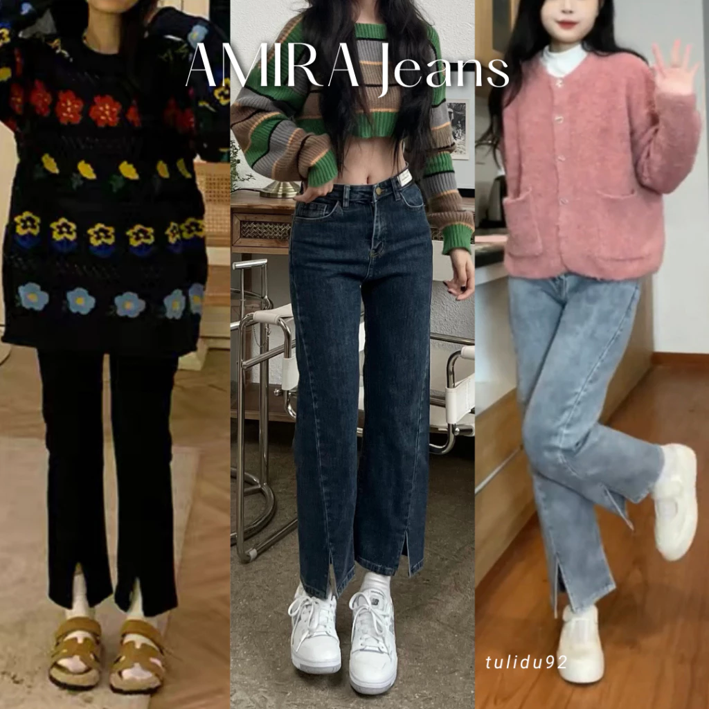Quần Jean Ống Đứng TULIDU Xẻ Gấu Giữa Thời Trang Chất Cotton Co Giãn Mềm Mịn