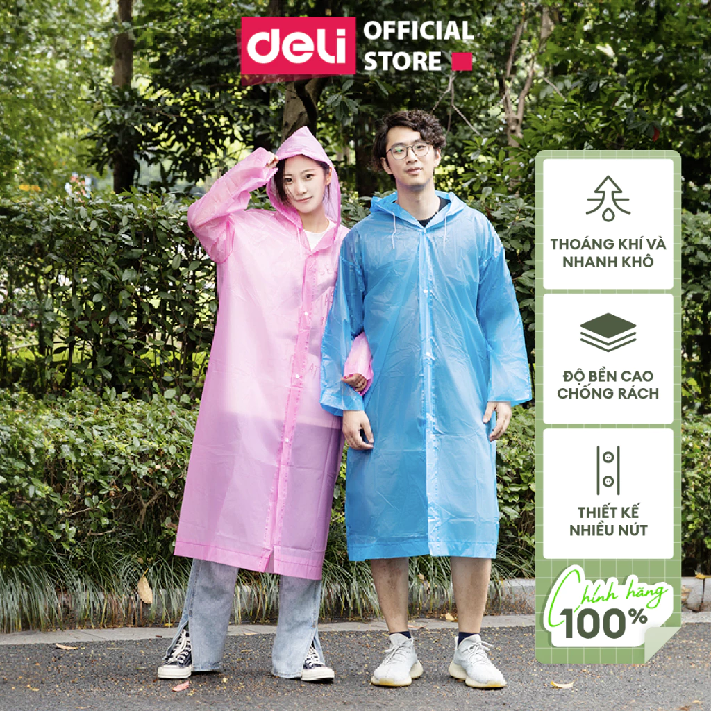 Áo Mưa 1 người trong suốt EVA Deli siêu dày chống thấm cho mưa to phong cách thời trang nhiều màu sắc