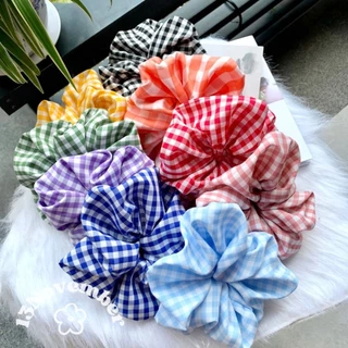 [SIÊU TO] Scrunchies Cột Tóc Vải Hoạ Tiết Sọc Caro Cao Cấp Size Lớn To Buộc Tóc Vải Ánh Dạ Trơn Bóng Hàn Quốc Hot Trend