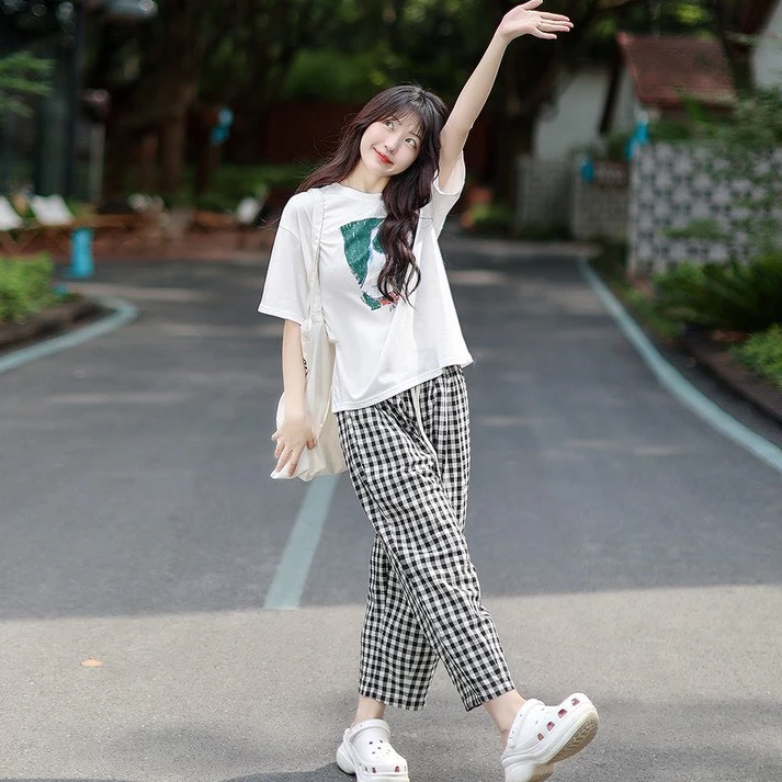 Sét bộ nữ Quần kẻ Caro Áo thun Cotton in hình, Đồ bộ mặc nhà , đi chơi dạo phố Set nữ dể thương 129