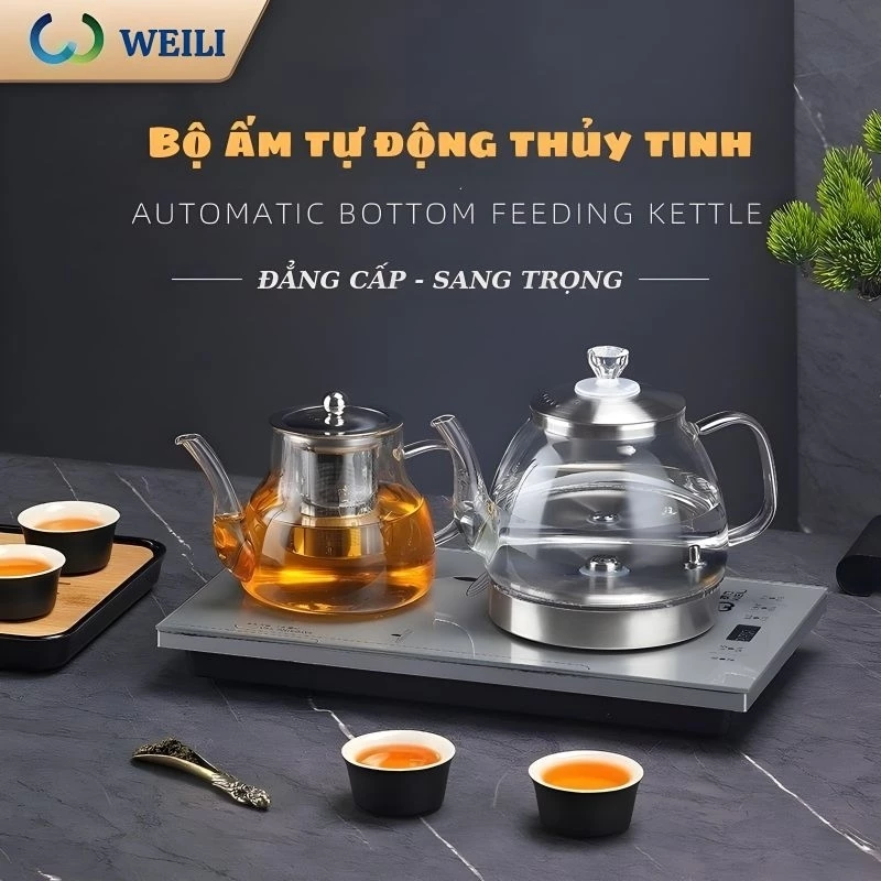 Bộ ấm thủy tinh pha trà, ấm đun siêu tốc - tự động cấp nước, tự động đun sôi, tự động ngắt, cảm ứng đa dụng [BH 1 Năm]