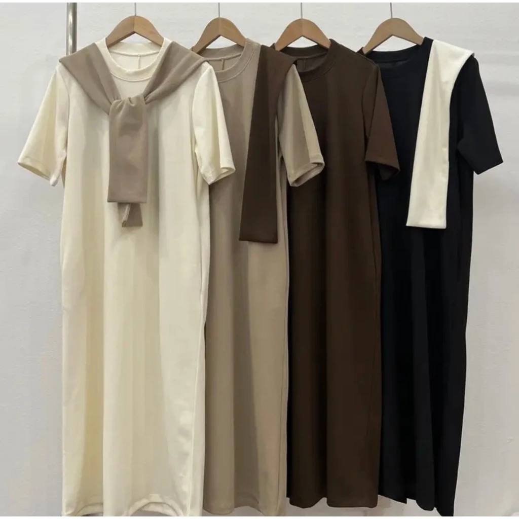Váy polo form suông dáng dài cộc tay kèm khăn Ulzzang