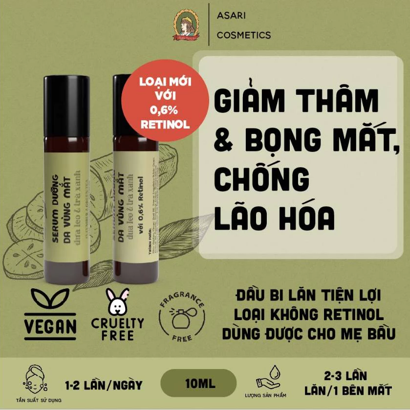 [10ml] Serum dưỡng da vùng mắt giảm thâm, bọng mắt đầu bi lăn handmade Asari Cosmetics