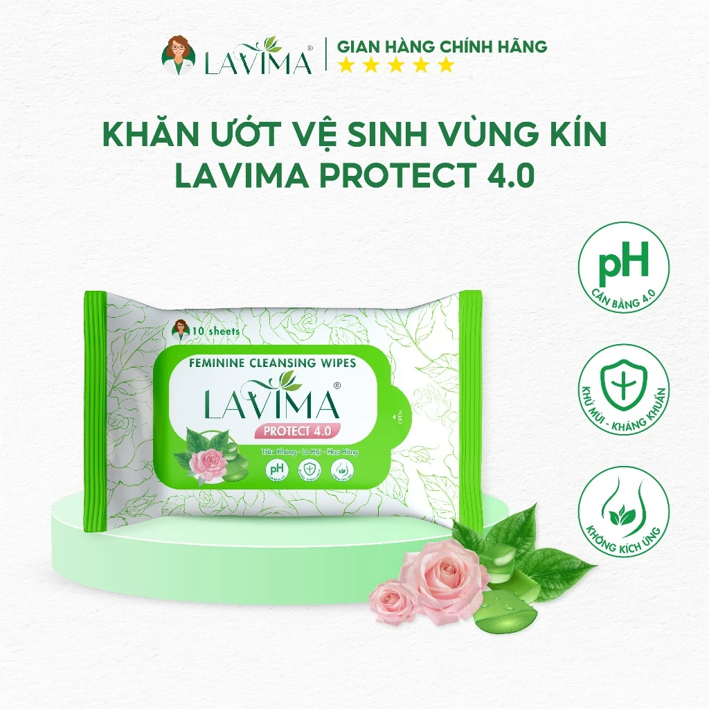 Khăn ướt vệ sinh vùng kín LAVIMA Protect 4.0 gói 10 miếng giúp vùng kín luôn sạch sẽ, khô thoáng