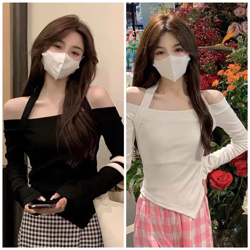 Áo kiểu thun croptop tay dài trễ vai phối dây đeo cổ tà xéo dễ thương cho nữ