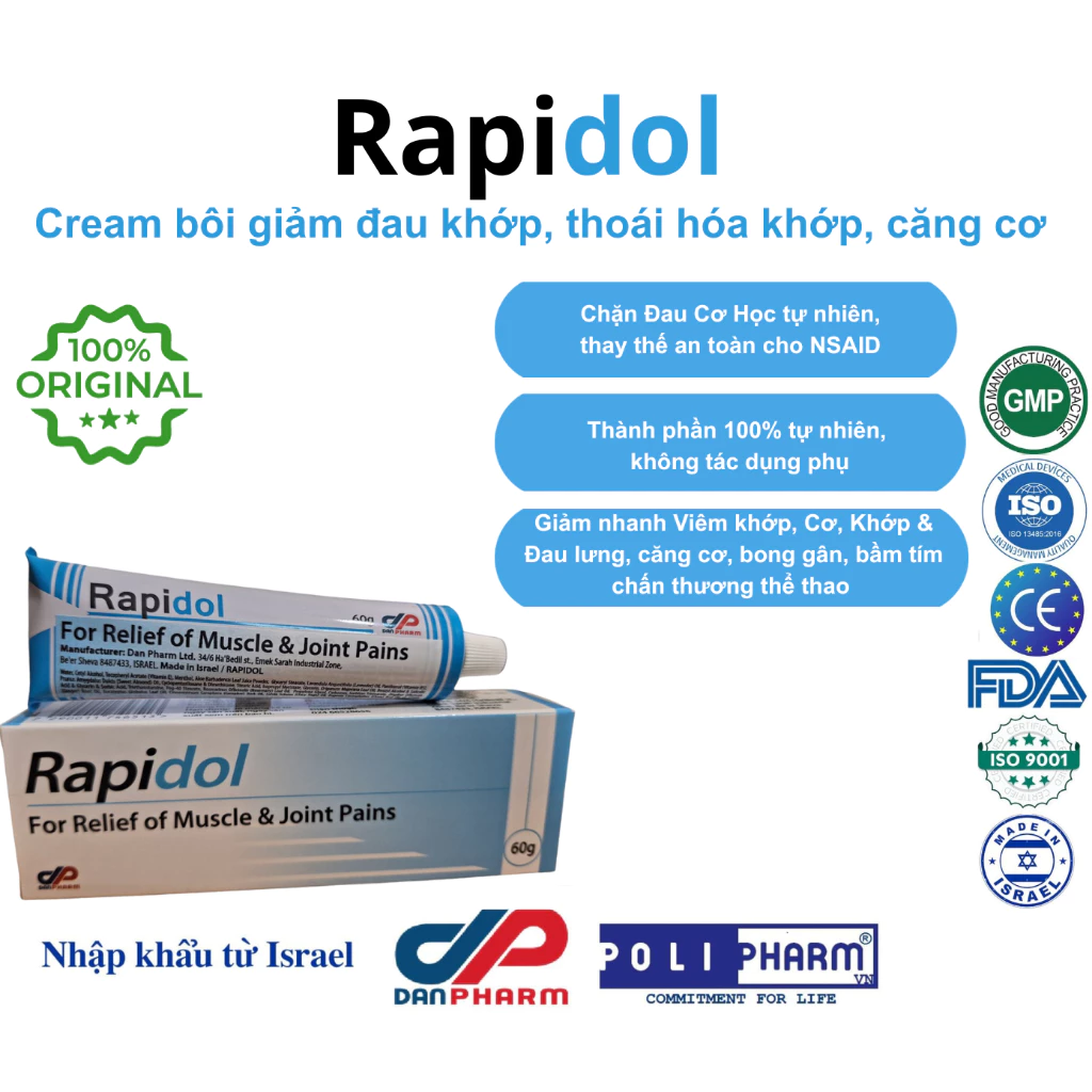 Kem bôi giảm đau nhức và viêm khớp RAPIDOL Dan pharm Tube 60g xuất xứ ISRAEL - POLIPHARM