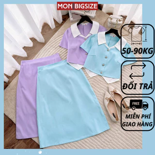 Set đồ bộ bigsize nữ dự tiệc đi chơi kiểu cổ sơ mi chân váy chữ A chất cotton lạnh MON big size 50 - 90kg