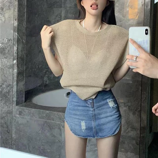 Áo dệt kim lưới mỏng HUNALY len mongtoghi dáng rộng cánh cổ tròn thời trang cá tính sexy Hàn Quốc màu trơn MN0923-082