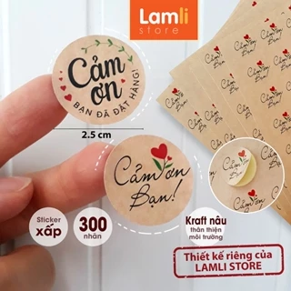 300 Nhãn dán CẢM ƠN, Sticker Thank you TIẾNG VIỆT dễ thương t.trí gói hàng/quà | Giấy Kraft đk 25mm