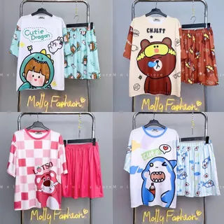 Set đồ bộ thun lạnh hoạt hình ❤️ Bộ mặc nhà Cartoon BST04 form rộng Unisex nam nữ Molly Store