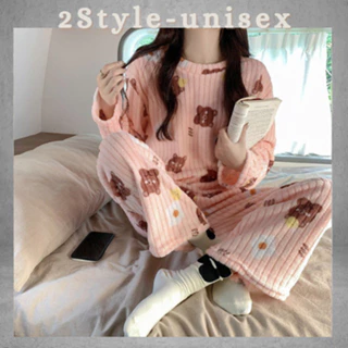 Đồ bộ nữ mặc ở nhà bộ ngủ dài tay dễ thương vải dày lông cừu ấm áp thu đông in hoạ tiết hoa quả/gấu 2style_unisex