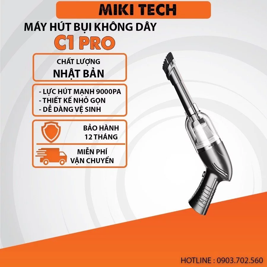 [HỎA TỐC] Máy hút bụi cầm tay không dây mini MIKI C1 PRO hút bụi xe hơi, ô tô, giường, nệm, sofa, lực hút 9000PA .