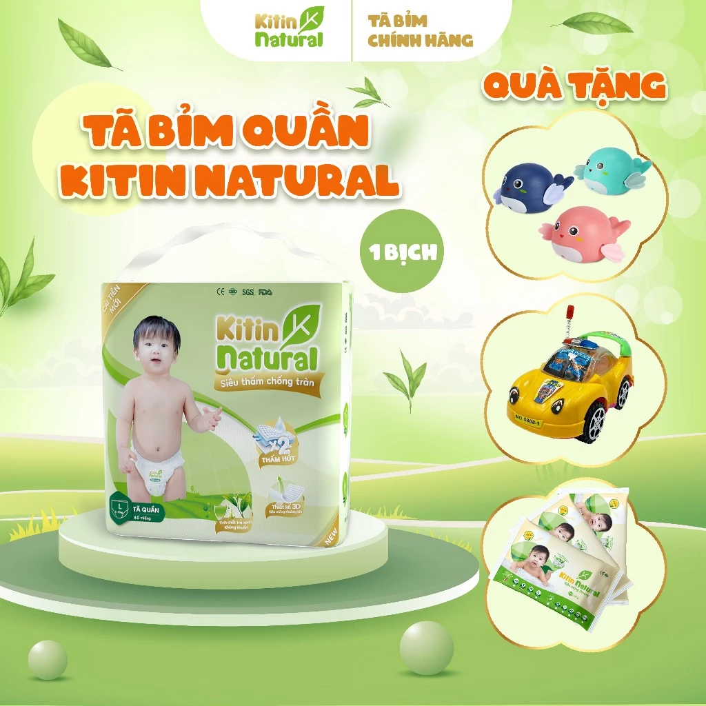 [ 1 Bịch + Quà ] Tã Bỉm Quần Kitin Natural M44/L40/XL38/XXL36/XXXL34 chống hăm, kháng khuẩn, siêu mỏng mịn cho bé