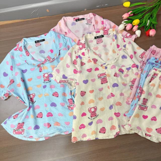 Set đồ bộ ngủ pyjama bigsize nữ vạt bèo xinh xắn họa tiết gấu chất vải đũi xốp mát mẻ dành cho nàng mập 58-95 SET82