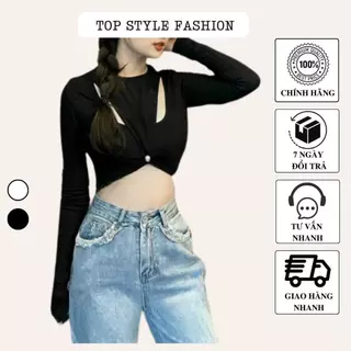 Áo croptop dài tay cổ tròn khoét ngực gợi cảm, áo thun nữ ôm body siêu tôn dáng-ATD37