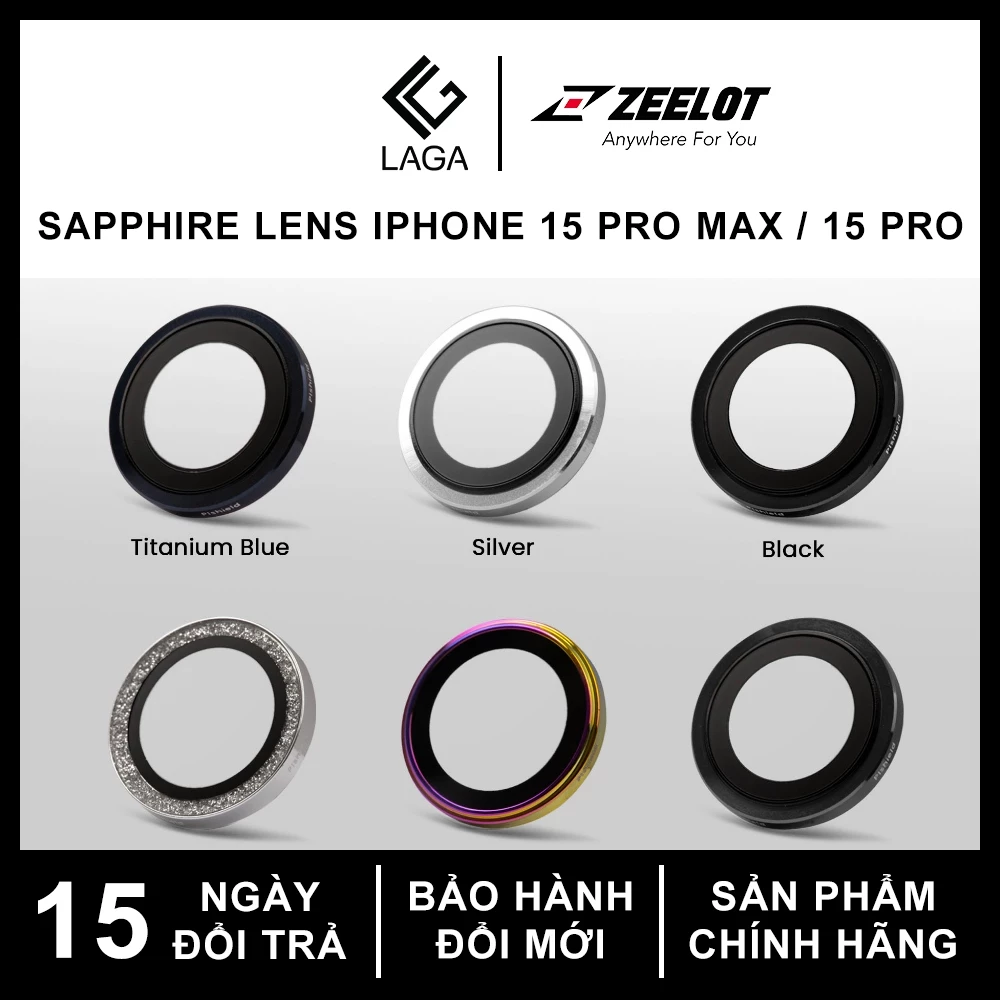 Kính Cường Lực Camera Lens ZEELOT Sapphire PIshield Titanium Cho iPhone 15 Pro Max / 15 Pro