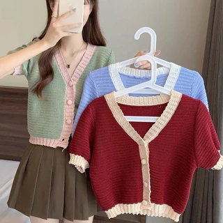 Áo len kiểu dệt kim nữ tay ngắn cổ V dáng rộng len mongtoghi co giãn 4 chiều cardigan phong cách ulzzang Hàn Quốc