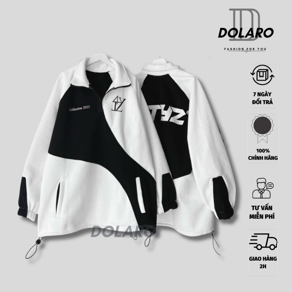 Áo khoác hoodie DOLARO nỉ bông phối màu đen trắng dây rút form rộng unisex, áo khoác ngoài nam nữ nỉ phong cách